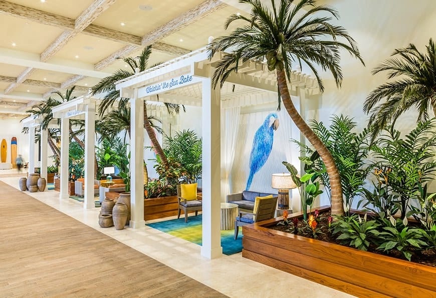 The lobby of the Margaritaville in Hollywood, Fla., uses outdoor elements to create a sense of space.
